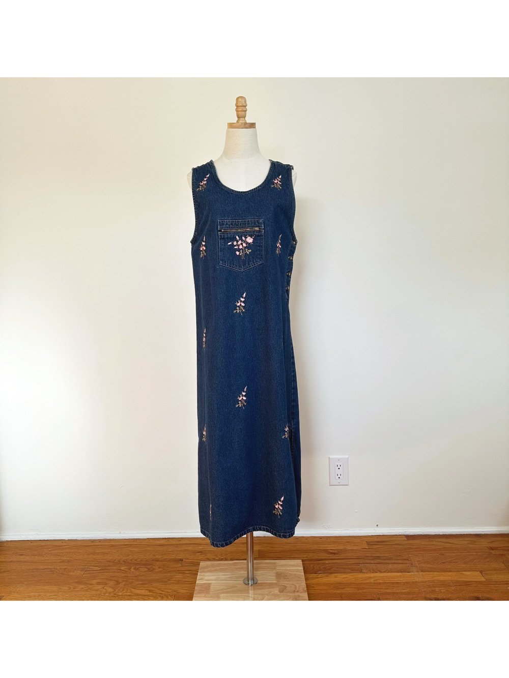 VTG Y2K M.P.H Denim Floral Embroidered‎ Maxi Dress Cottage Prairie Modest Folk